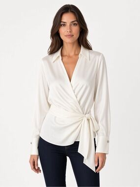 Ann Taylor Cream Wrap Blouse with Side Tie